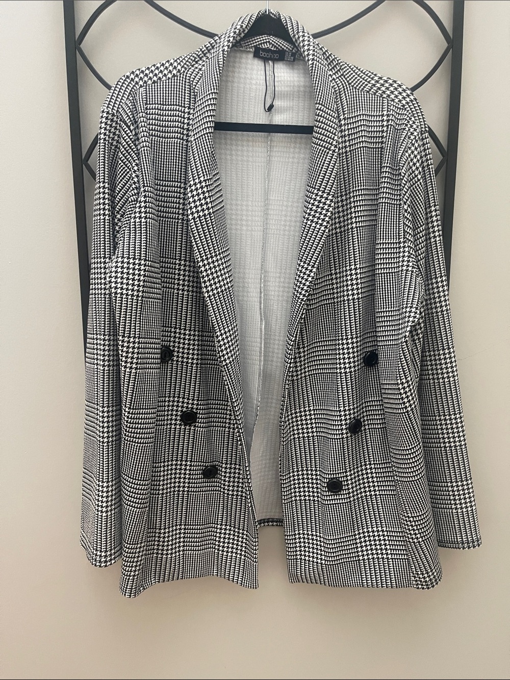 Checked Double-Breasted Blazer Jacket - Black & White